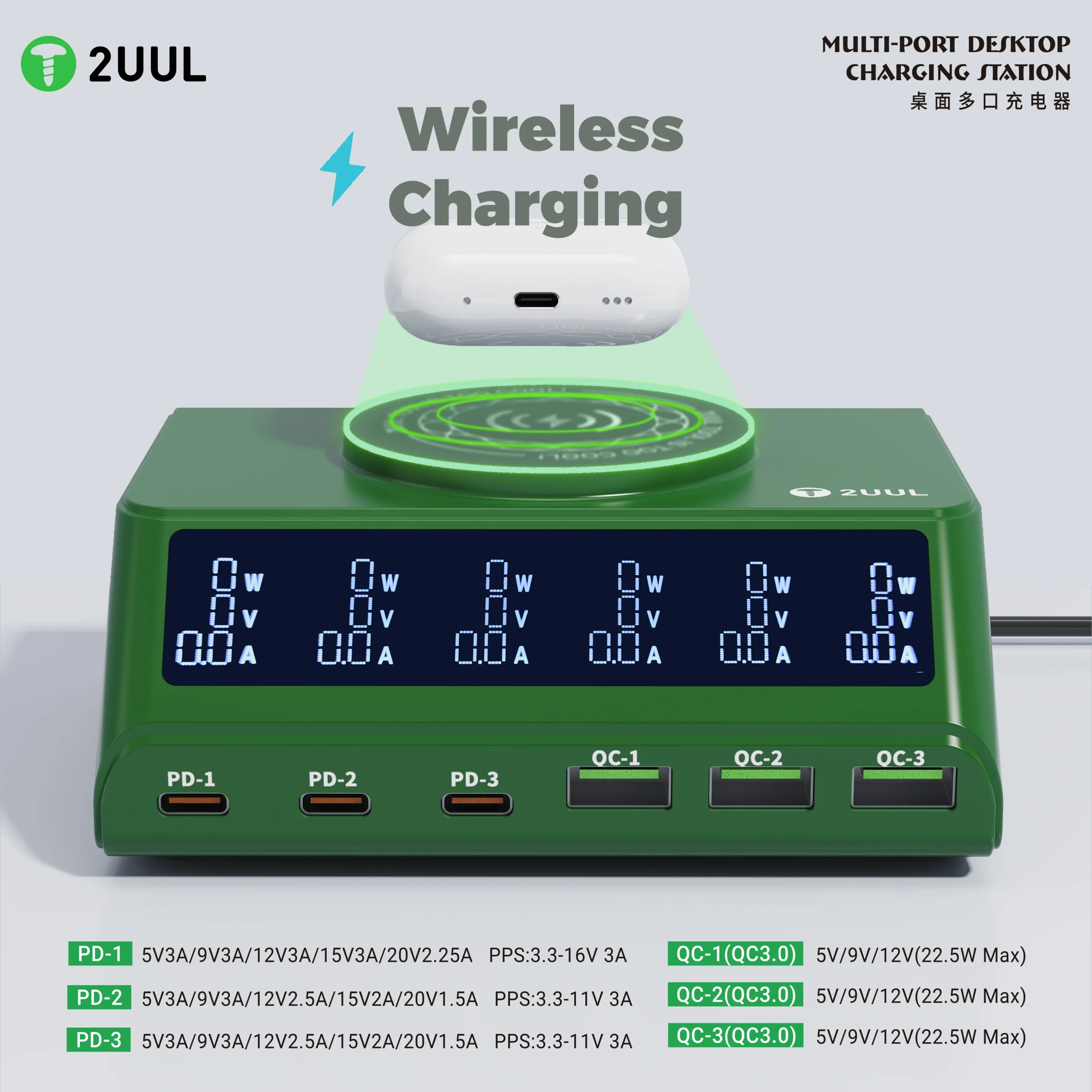 2uul PC11 110W Çoklu Bağlantı Noktalı PD + QC Masaüstü Şarj İstasyonu, 15W Kablosuz Şarj Özelliğiyle