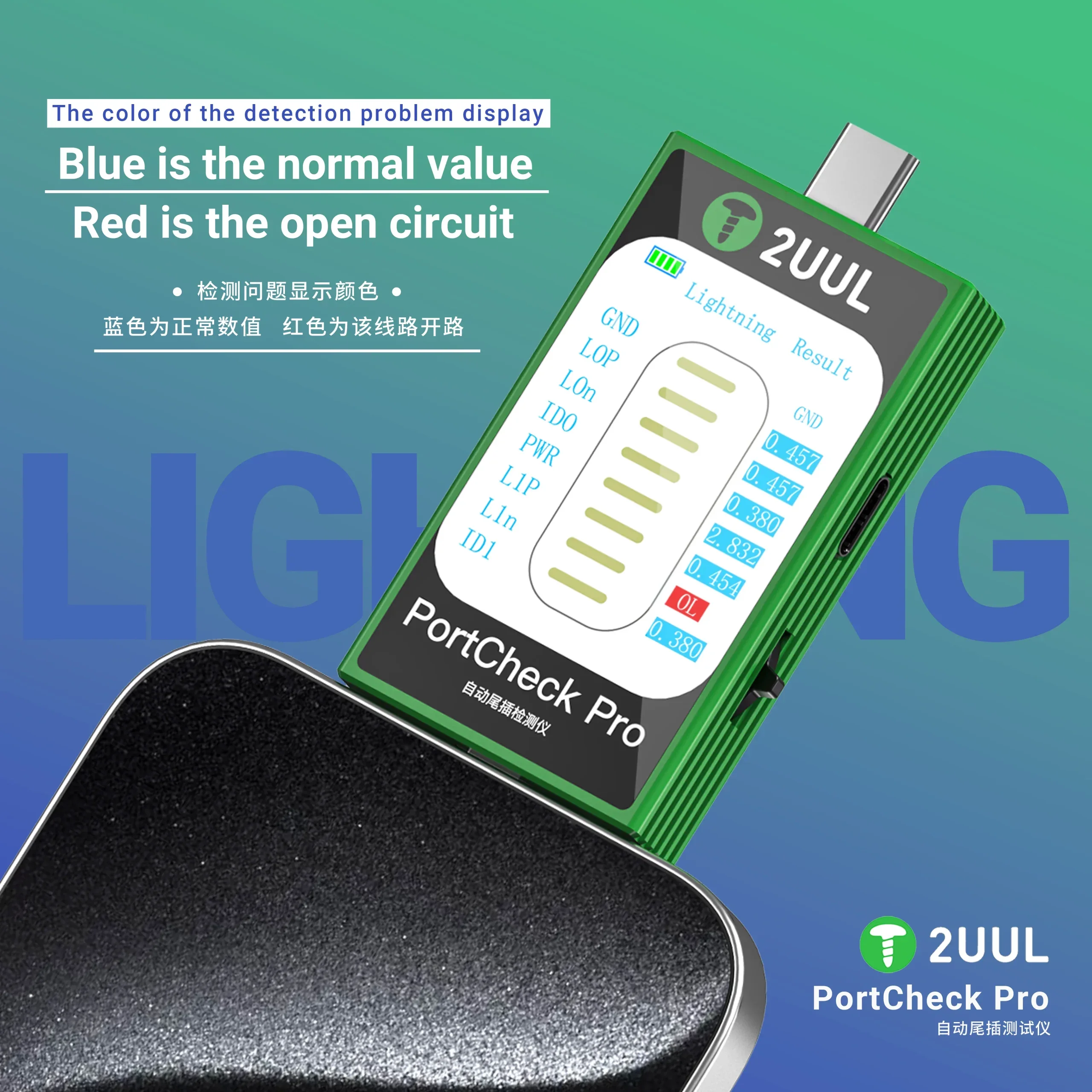 2uul PW31 PortCheck Pro 5V / 2A Tip-C / Aydınlatma Arayüzü Otomatik Kuyruk Fişi Dedektörü