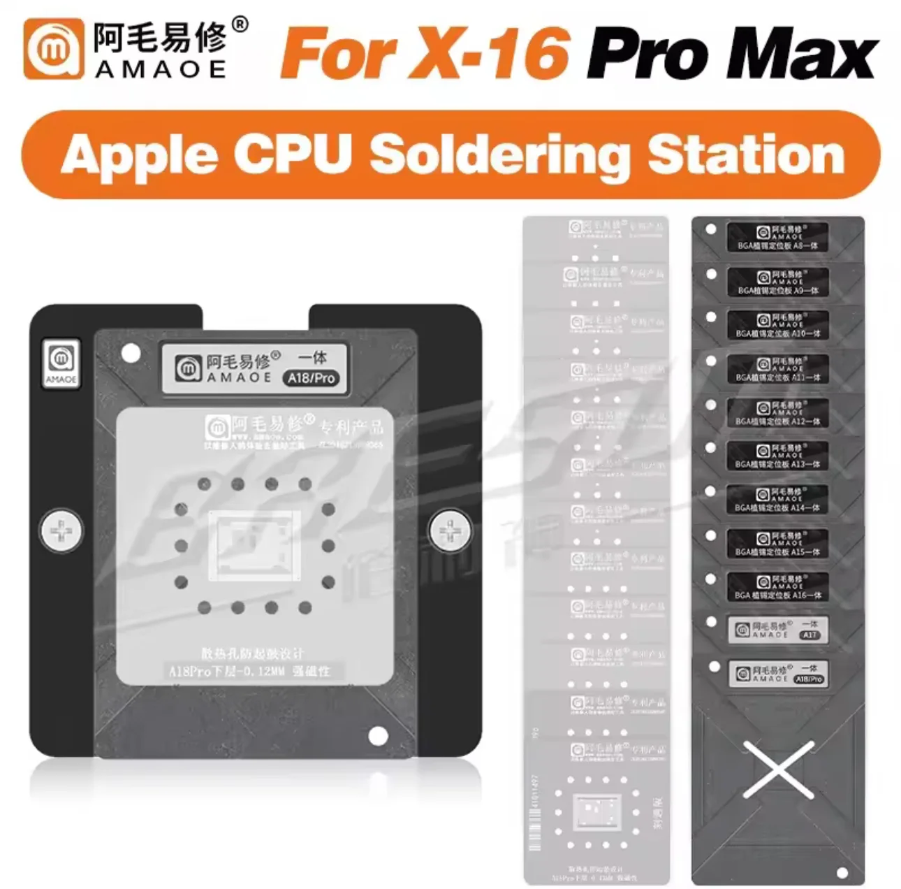 Amaoe 0.12mm Apple CPU BGA Reballing Şablon Platform Seti iPhone X-16PM / Apple A11-A18Pro CPU – Yarım Oyma Sürümü