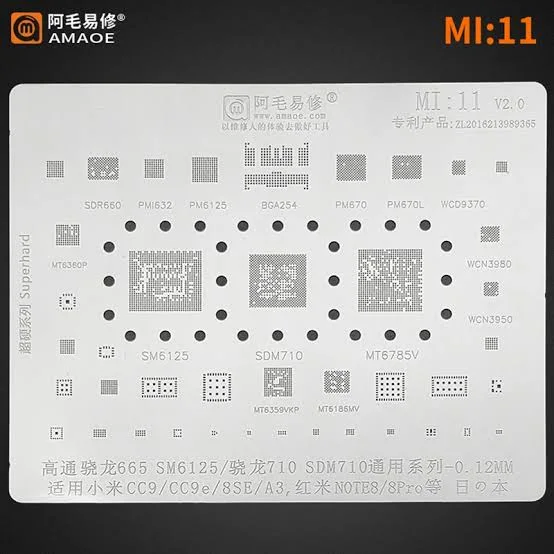 AMAOE MI:11 BGA Reballing Entegre Kalıbı Xiaomi Max RedMI NOTE 2 3 MSM8965 MT6795 CPU RAM POWER WIFI AUDIO IC Chip Steel Mesh SDR660,PMI632,PM6125,BGA254,PM670,PM670L,WCD9370,MT6330P,SM6125