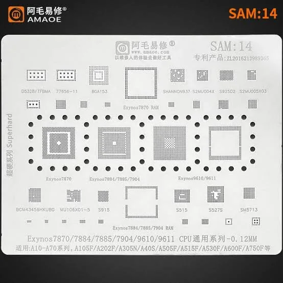 AMAOE SAM:14 Entegre Kalıbı EXYNOS7870RAM,SHANNON937 ,S2MU004X,S925D2,S2MU005X03,EXYNOS7870,EXYNOS7884 EXYNOS7884,7885,7904RAM,S515,S527S,SM5713,A1/A70/A20E/A30 A40S/A50/A51 A7 2018A6 Stencil
