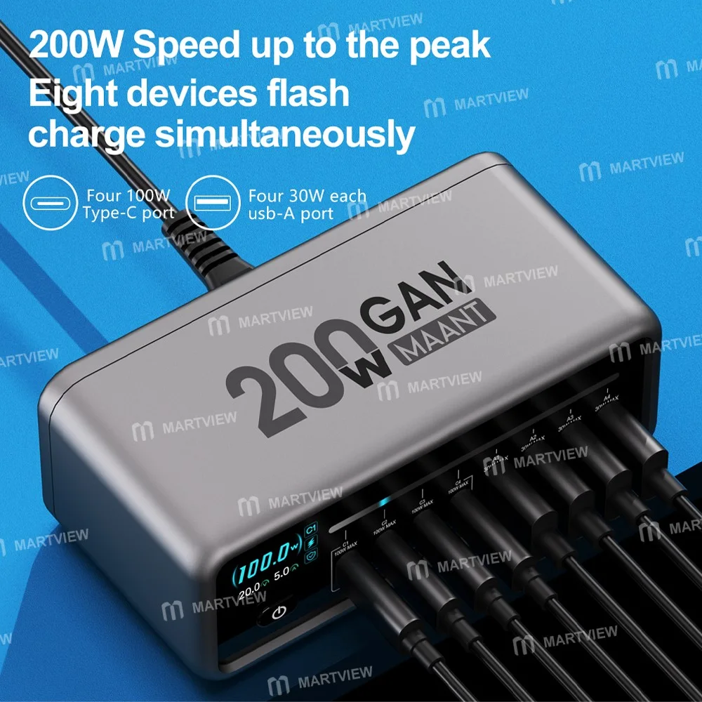 MaAnt MT-P200 200W Gan Nitrit Akıllı Dijital Ekranlı Çoklu Portlu Masaüstü Şarj İstasyonu