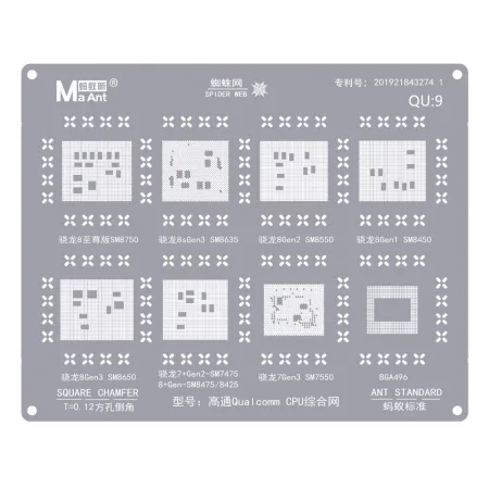 MaAnt QU-9 Qualcomm CPU BGA Reballing Stencil için SM8750 SM8635 SM8650 SM8550 SM8450 SM7475 SM7550