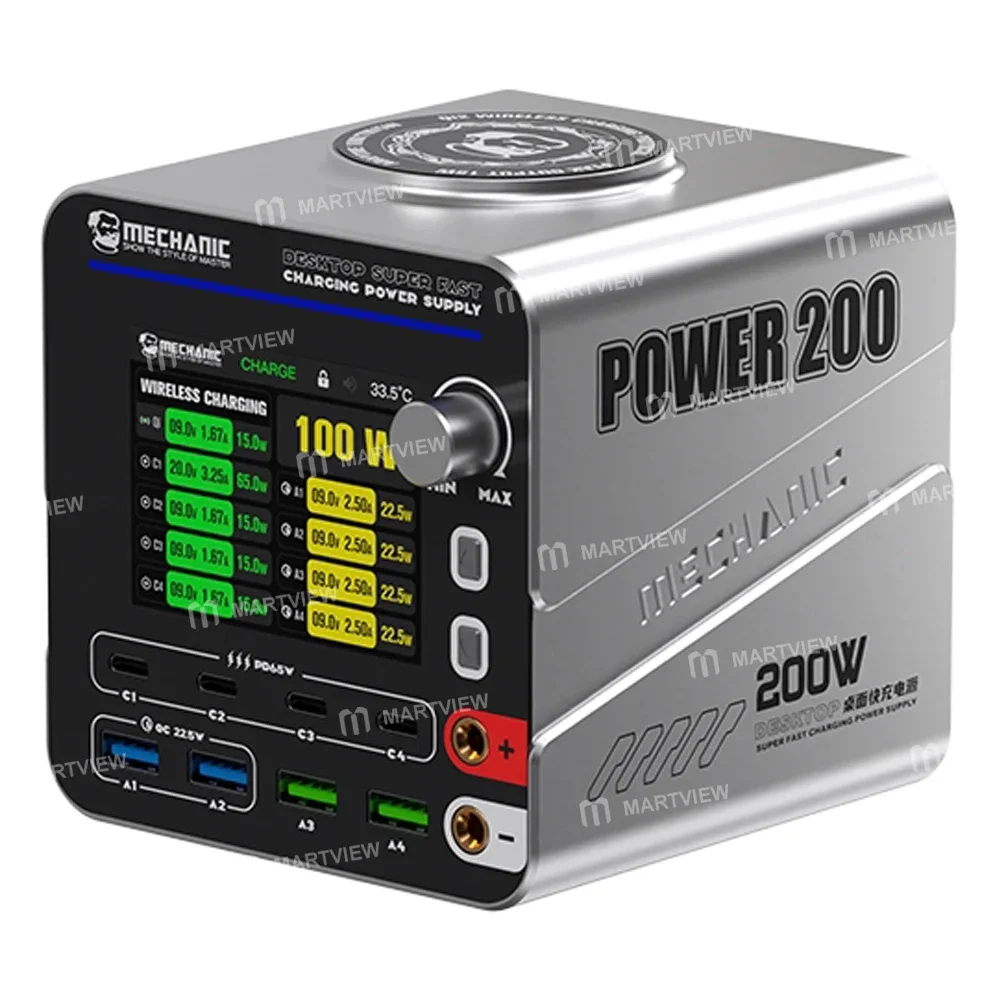 Mechanic Power 200 GaN Masaüstü Hızlı Şarj İstasyonu, QC3.0 / PD3.1 / Kablosuz Şarjı Destekler