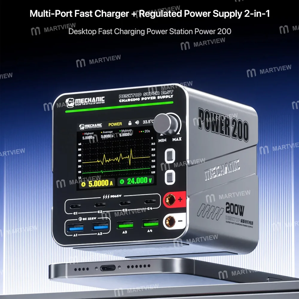 Mechanic Power 200 GaN Masaüstü Hızlı Şarj İstasyonu, QC3.0 / PD3.1 / Kablosuz Şarjı Destekler