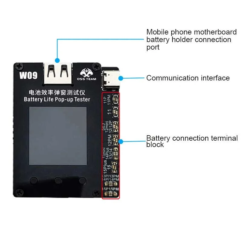OSS TEAM W09 Pro V3 İphone Batarya Sağlığı Cihazı (iPhone 11-15PM Destekler, Pil Verimliliğini Değiştirme, %100 Döngü Sağlığı Veri Aracı)