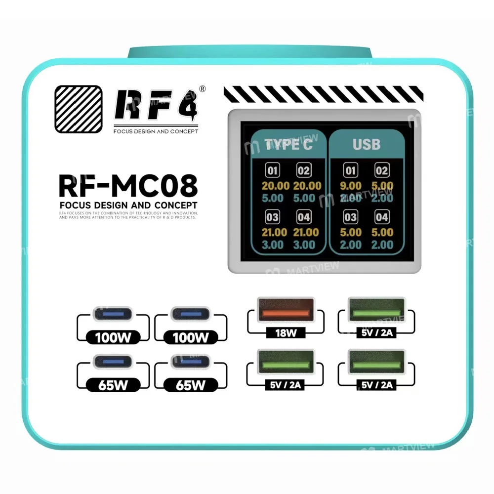 RF4 RF-MC08 150W Akıllı Tam Renkli LCD Ekranlı Çoklu Bağlantı Noktalı Şarj Cihazı, Cep Telefonu / Dizüstü Bilgisayar Şarjı için