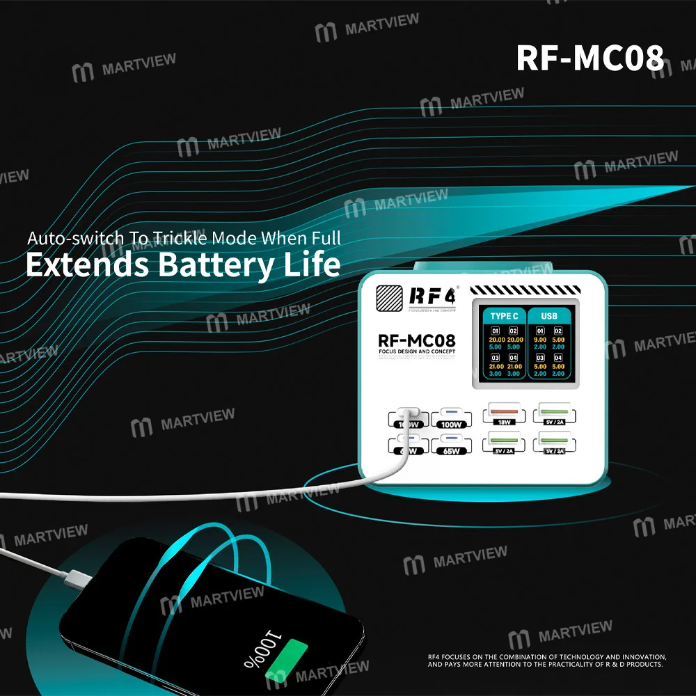 RF4 RF-MC08 150W Akıllı Tam Renkli LCD Ekranlı Çoklu Bağlantı Noktalı Şarj Cihazı, Cep Telefonu / Dizüstü Bilgisayar Şarjı için