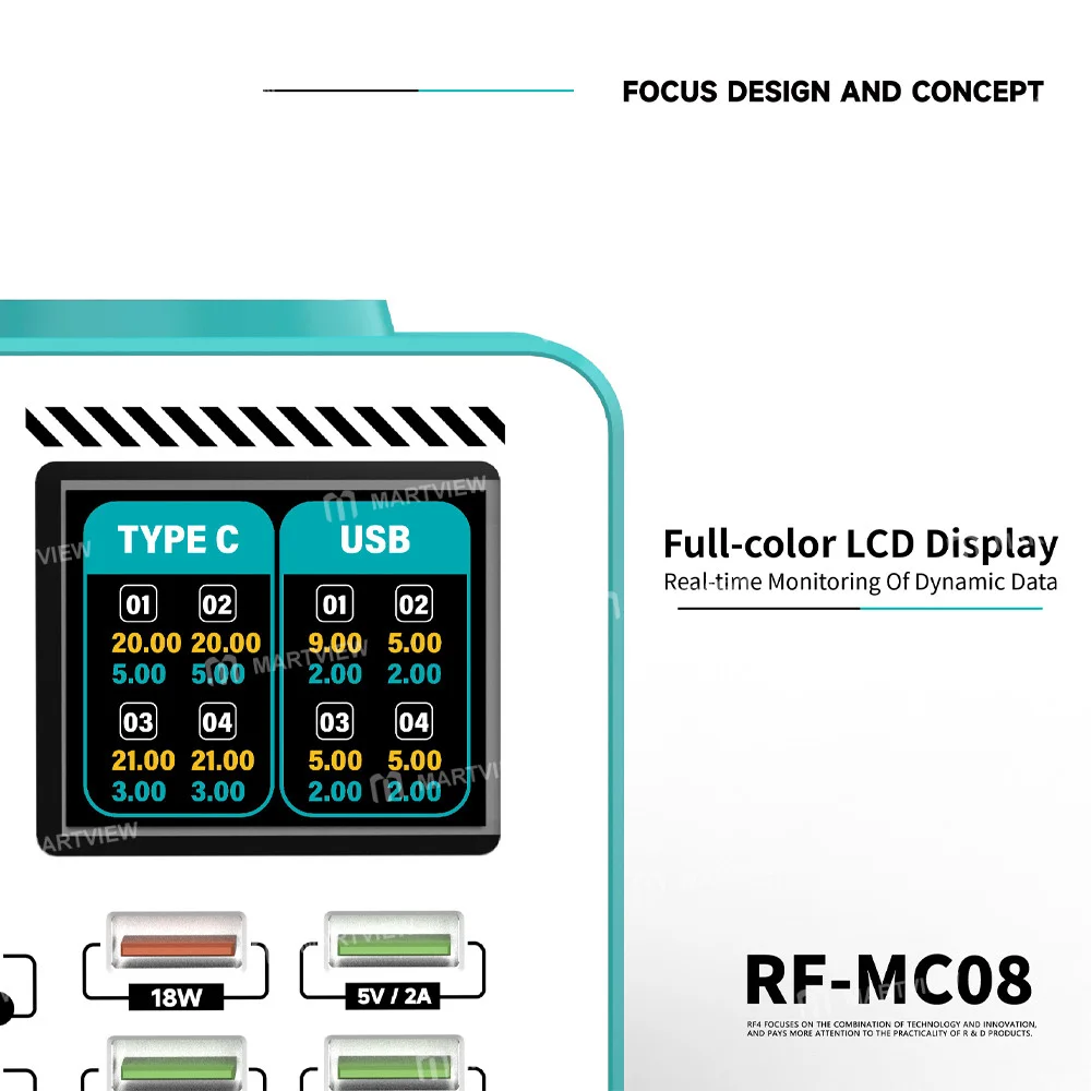 RF4 RF-MC08 150W Akıllı Tam Renkli LCD Ekranlı Çoklu Bağlantı Noktalı Şarj Cihazı, Cep Telefonu / Dizüstü Bilgisayar Şarjı için
