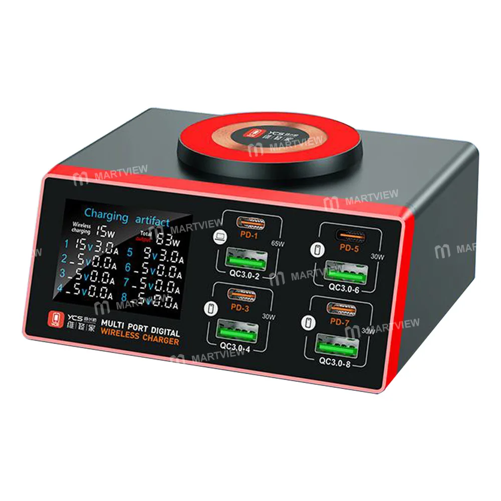 YCS-S600 155W 8 Portlu QC3.0+PD Dijital Ekranlı Hızlı Masaüstü Şarj İstasyonu, Kablosuz Şarj Özelliğiyle